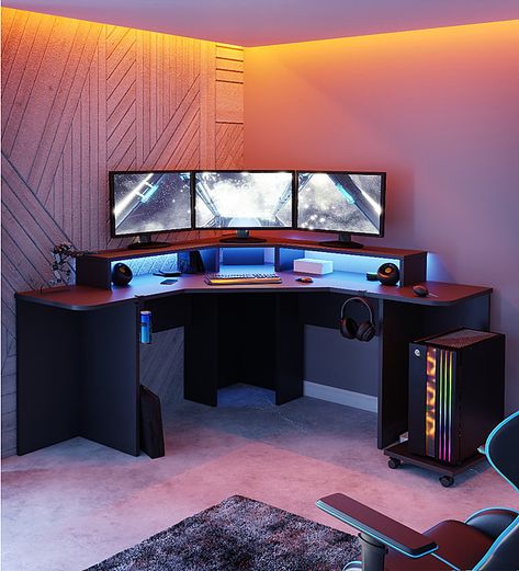 Gaming Desk Black, Corner Gaming Desk, Gaming Computer Desk, Kid Desk, Corner Design, Gaming Room Setup, Gamer Room, Gaming Desk, Pc Setup