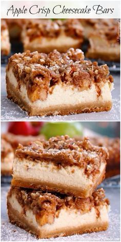 Apple Crisp Cheesecake Bars - brown sugar shortbread, vanilla bean cheesecake, and cinnamon apples all tucked under a blanket of crisp topping! | ButtercreamBlondie.com Apple Crumble Cheesecake Bars, Apple Crumb Cheesecake Bars, Caramel Apple Cheesecake Bars Easy, Apple Crisp Cheesecake Bars, Carmel Apple Cheesecake Bars, Brown Sugar Shortbread, Apple Crisp Cheesecake, Crisp Topping, Vanilla Bean Cheesecake