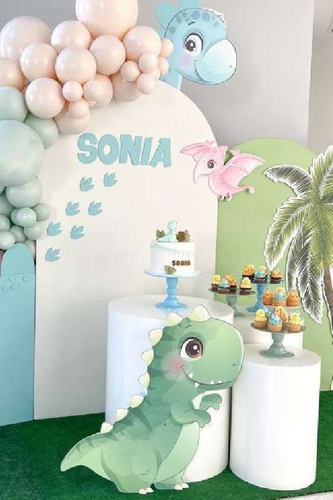 Take a look at this cute dinosaur party! Love the dessert table See more party ideas and share yours at CatchMyParty.com Birthday Dinosaur Theme, Dinasour Birthday, Baby Dinosaur Party, Dinosaur Theme Birthday, Dinosaur Birthday Decorations, Dinosaur Birthday Theme, Girl Dinosaur Birthday, Dinosaur Birthday Party Decorations, Dinosaur Balloons