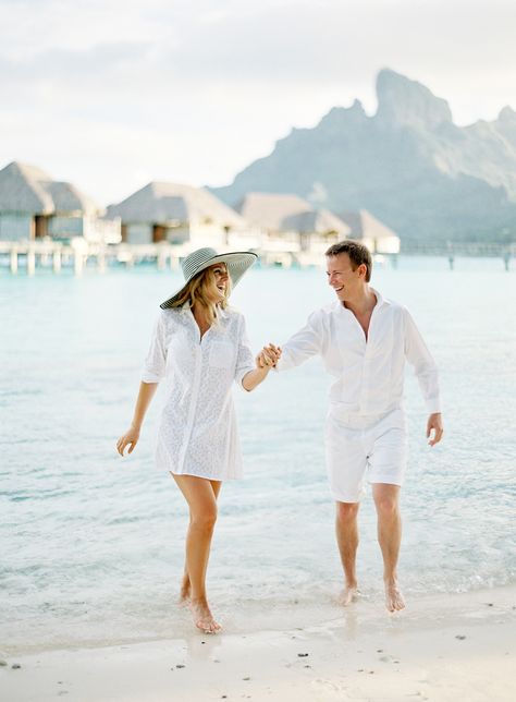 Honeymoon Outfits Couple, Four Seasons Bora Bora, Bora Bora Honeymoon, Honeymoon Inspiration, White Summer Shirt, Honeymoon Photos, Jose Villa, Anniversary Photo, Anniversary Photoshoot