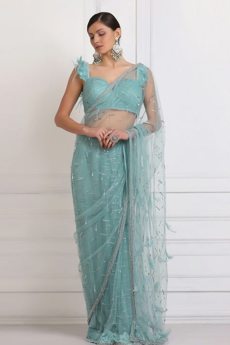 Sea Blue Saree, Feather Blouse, Destination Wedding Colors, Embellished Saree, Fashion Courses, Simple Kurti Designs, Indian Fashion Saree, Saree Designs Party Wear, Blue Saree