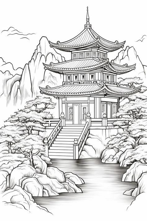 Free Coloring Page of Beautiful China for Adults and Kids – Bujo Art Shop Coloring Pictures For Adults Beautiful Free Printable, Japanese Castle Drawing, Colouring Pages For Adults Aesthetic, Colouring Pages For Adults Printable Free, Free Printable Coloring Pages For Adults, Japanese Temple Drawing, China Coloring Pages, Japanese Coloring Pages, Printable Coloring Pages Aesthetic