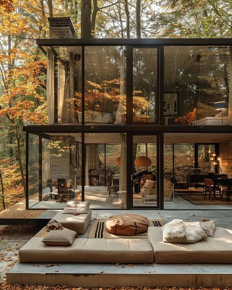 Autumn Tranquility Retreat Villa by Maed|Visualization Modern Glass House, Japanese Style House, Vacation Cottage, Small House Interior, Retreat House, Philip Johnson, Cabin Exterior, Cottage Exterior, Modern Style House Plans