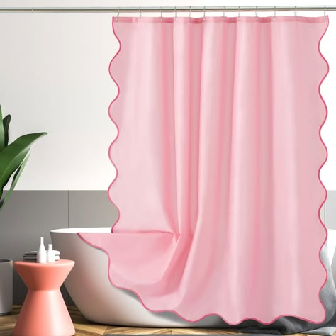 PRICES MAY VARY. Elegant Coastal Scalloped Design: Transform your bathroom into a serene coastal oasis with the chic scallop edge design of this cute pink shower curtain, adding a touch of sophistication and relaxation to your space. In addition, our 72x72 Inch pink shower curtain comes with sturdy metal hooks for easy installation and extra stability Fabric & Aesthetic: Experience the perfect blend of coastal flair and brightness with the light and airy polyester fabric of this cute scalloped s Cute Shower Curtains College, Pretty Shower Curtain Ideas, Cute Window Curtains, Pastel Shower Curtain, Light Pink Shower Curtain, Monogrammed Shower Curtain, Barbie Themed Bathroom, Shower Curtain Cute, Pink Black And White Bathroom