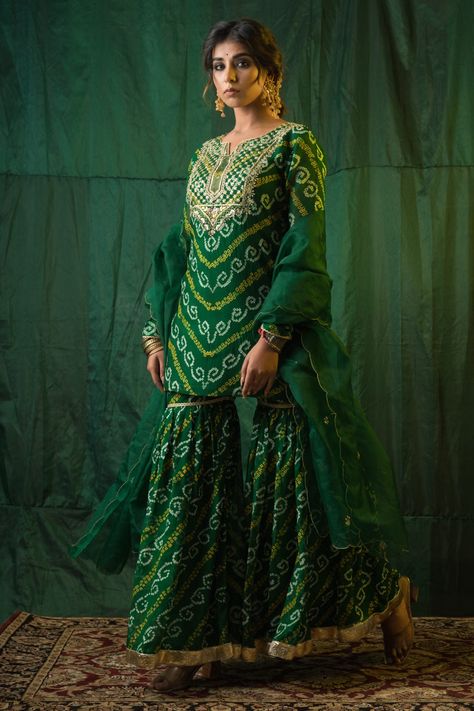 Buy Ruchira Nangalia Green Cotton Bandhani Print Kurta Sharara Set Online | Aza Fashions Bandhani Sharara Suit, Bandhani Suit Design, Bandni Dress Style, Bandhani Kurti Designs Cotton, Green Bandhani Lehenga, Bandhni Suits Design, Cotton Bandhani Dress Pattern, Bandhani Sharara, Bandhani Dress Pattern