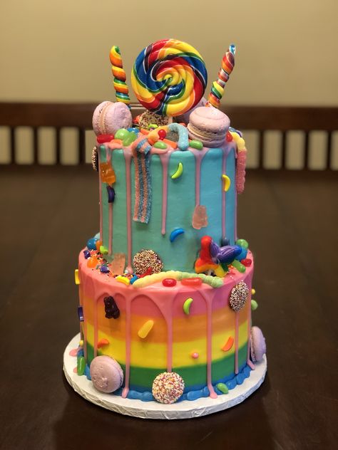 It’s a loaded candy cake for a birthday celebration! 🍭🌈🍬 This two-tiered white cake is decorated with buttercream frosting, white chocolate drip, macarons, and assorted candy. Taste and see that the Lord is good! Thanks for allowing Cristin to serve you! Sweetie Birthday Cake, White Chocolate Drip, Tiered Cakes Birthday, Chocolate Drip Cake, Two Tier Cake, Wilton Cake Decorating, Cake Supplies, Candy Cakes, Taste And See