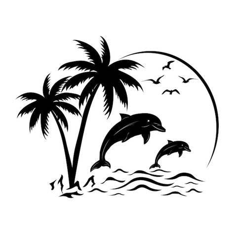 Hawaii Svg, Tropical Svg, Palm Tree Svg, Dolphin Silhouette, Ocean Svg, Palm Tree Drawing, Palm Tree Sunset, Beach Svg, Drawing Stencils