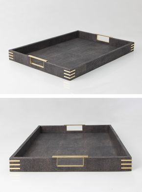 An elegant rectangular tray in a contemporary design finished in designer seal brown shagreen with exclusive brass handles and fittings. Contemporary Entryway, Elegant Tray, Brass Trim, Contemporary Hotel, Drinks Tray, Contemporary Traditional, Contemporary Exterior, Contemporary Bar, Display Tray