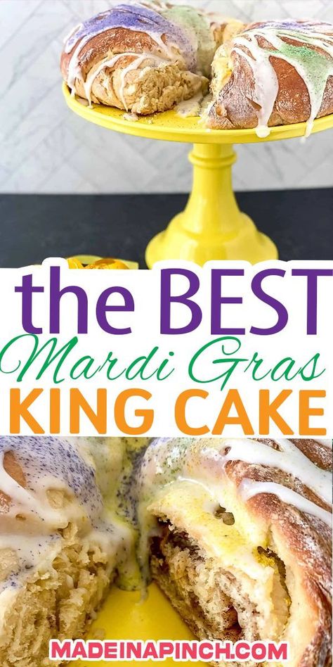 It’s Mardi Gras time! Mardi Gras encourages fun and feasting. No Mardi Gras celebration is complete without a colorful Mardi Gras King Cake. Just one bite will prove why this recipe is a must-have for any Mardi Gras celebration! King cake is a circle or oval-shaped sweet yeast bread that sometimes contains a filling and is usually decorated with vibrant purple, green, and gold sugar or icing. | @made_in_a_pinch #easykingcake #homemadekingcake #bestkingcakerecipe Gluten Free King Cake, Mardi Gras Snacks, Mardi Gras Recipes Easy, Easy King Cake, Mardi Gras Party Food, Mardi Gras Desserts, King Cake Recipe Easy, Mardi Gras Cake, King Cake Recipe