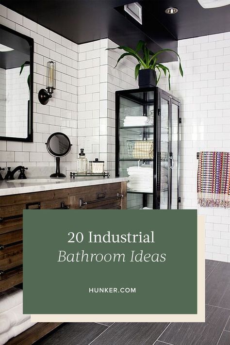 From exposed metal piping to concrete countertops, here are 20 industrial bathroom ideas worth stealing. #hunkerhome #industrialbathroom #industrialbathroomideas #industrial #industrialbathroominspo Bagno Industrial Style, Small Industrial Bathroom, Industrial Bathroom Ideas, Estilo Industrial Chic, Vintage Industrial Bathroom, Modern Industrial Bathroom, Bathroom Industrial Chic, Industrial Farmhouse Bathroom, Rustic Bathroom Shower