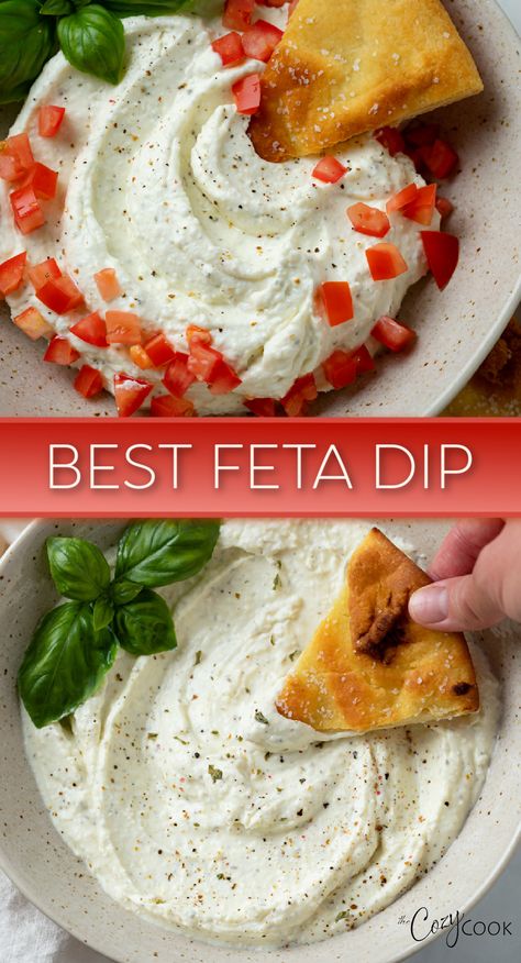 feta dip with a piece of bread being dipped into it Garlic Feta Dip, Whipped Garlic, Feta Cheese Dip, Dip Recipes Crockpot, Chip Dip Recipes, Whipped Feta Dip, Cold Dip Recipes, Cream Cheese Recipes Dip, Cream Cheese Appetizer