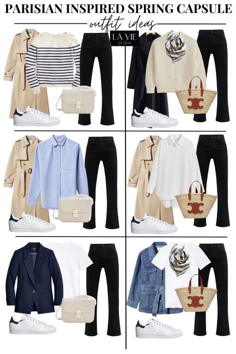 25 classic and chic pieces to wear this spring season which are inspired by the streets of Paris. Parisian Capsule Wardrobe 2023, Paris Outfits In May, Paris In February Outfits, Paris In March Outfits, Streetwear Spring Outfits, Europe Outfits Spring, Paris Spring Outfit, Parisian Capsule Wardrobe, Spring Travel Outfits