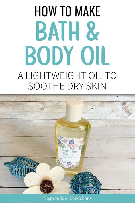 a bottle of bath & body oil surrounded by a flower and wooden ornaments Diy Soap For Dry Skin, Diy After Shower Body Oil Spray, Vanilla Body Oil Diy, Shower Oil Diy, Diy Body Oil For Dry Skin, Diy Body Oil Recipe For Dry Skin, Homemade Body Oil Diy, Body Oil Diy Recipe, Diy Bath Oil Recipes