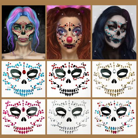 Face Jewels Temporary Face Tattoos, 6-Pack Day Of The Dead Skull Festival Face Gems, Crystal Make up Eye Glitter Face Stickers for Halloween Festival Face Gems, Temporary Face Tattoos, Face Crystals, Eye Glitter, Festival Face, Day Of The Dead Skull, Glitter Face, Face Gems, Face Jewels