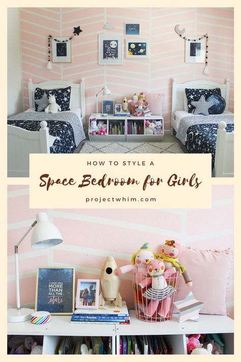 Girl's Shared Bedroom Decor Ideas, Space themed room for Girls, Space Room Decor, Galaxy Decor for Kids, Space bedding for kids, storage ideas for shared bedroom, girls shared bedroom design, space decor for girls, planet decor for kids, modern kid room design, modern kid bedroom ideas, fun decor for kids, space room for children, home decor blog, decor blogger, diy blogger, mom blogger, kids bedroom ideas Girly Space Themed Room, Girly Space Themed Nursery, Girly Space Room, Space Bedroom Girl, Girls Galaxy Bedroom Ideas, Girls Space Themed Bedroom, Girl Space Room, Ravens Bedroom, Galaxy Bedroom Ideas