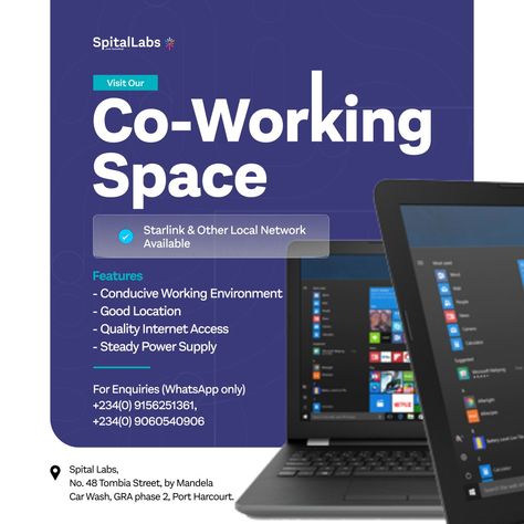 Tech Flyer Design, Co Working Space, Graphic Design Ads, Port Harcourt, Working Space, Coworking Space, Best Location, Car Wash, Flyer Design