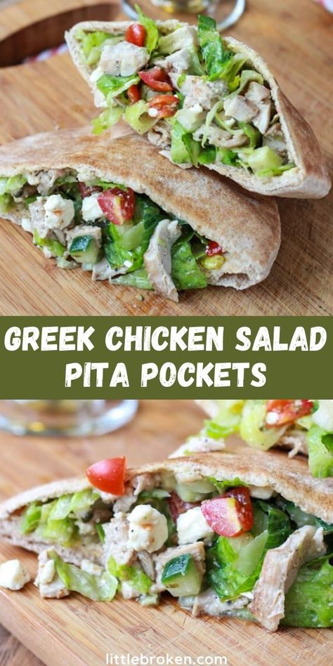 Chicken Salad Pita, Chicken Pita Recipes, Greek Chicken Pita, Pita Pocket Recipes, Greek Pita, Mediterranean Diet Recipes Dinners, Pita Recipes, Greek Chicken Salad, Chicken Pita