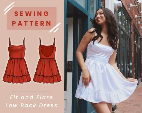 Easy Vintage Sewing Patterns Free, Cute Dress Patterns For Women, Simple Mini Dress Pattern, Diy Dress Sewing Pattern, Free Short Dress Pattern, Hoco Dress Sewing Pattern, Skater Dress Sewing Pattern, Mini Dress Pattern Sewing Free, Low Back Dress Pattern