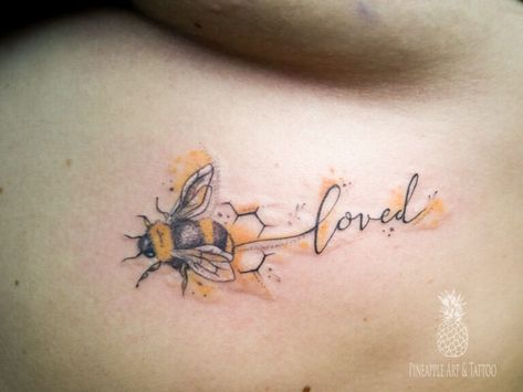 150+ Beautiful Bee Tattoos Designs With Meanings (2022) - TattoosBoyGirl Watercolor Bumble Bee Tattoo, Watercolor Bee Tattoo Ideas, Bumble Bee Memorial Tattoo, 4 Bees Tattoo, Queen Honey Bee Tattoo, Bee Honey Tattoo, Bee Watercolor Tattoo, Bee Hive Tattoos, Queen Bee Tattoo Small