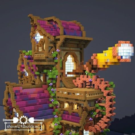 Steampunk Minecraft Base, Minecraft Fantasy Base, Colorful Minecraft Houses, Witch Hut Minecraft, Minecraft Observatory, Minecraft Beautiful House, Minecraft Steampunk Builds, Steampunk Minecraft Builds, Minecraft Beautiful