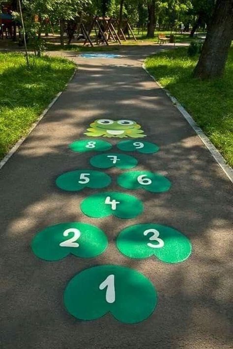 Cute Hopscotch Ideas, Hopscotch Ideas, Playground Painting, Preschool Playground, Playground Flooring, Playground Games, School Murals, School Playground, Playground Design