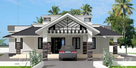 This one storey with roof deck has 3 bedrooms and having a total floor area of 148 square meters. Distinctive with its design, the porch is a double purpose area where it can be a wide porch itself and a parking area or garage for one vehicle. 3 Story House Plans, Wide Porch, 3 Story House, Single Floor House Design, Bungalow Style House, One Storey House, Bungalow Style House Plans, Affordable House Plans, House Balcony Design