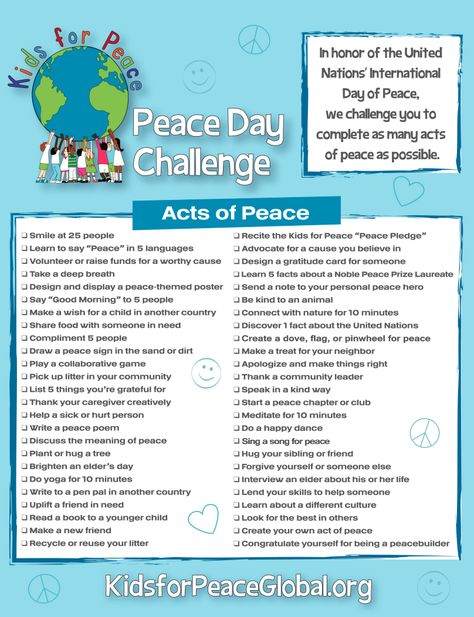 Acts of Peace checklist Noble Peace Prize, Peace Songs, Sel Activities, Peace Education, Educational Design, World Peace Day, Peace Pole, Peace Day, Peace Meaning