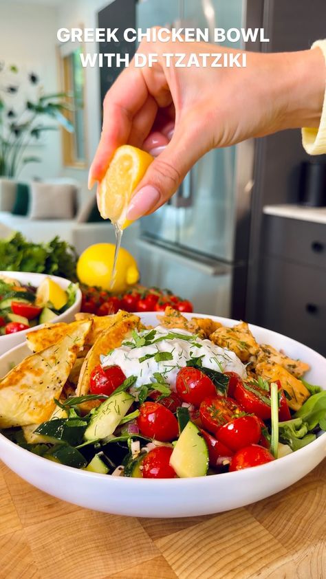 Fresh, vibrant, and packed with flavorful, nutrient-dense, these loaded Greek chicken bowls with dairy-free tzatziki have become my favorite recipe to make for lunch! #highprotein #highproteinlunch #weekdaylunch #easylunch #weeknightdinner #greekyogurt #chickenlunch #quickdinner #dairyfree #greekbowls Edamame Quinoa, White Sweet Potato, Quinoa Crunch, Greek Chicken Bowls, Crunch Salad, Chicken Bowls, Chicken Lunch, Protein Lunch, Dried Parsley