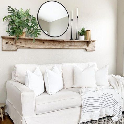 Shelf Design Living Room Tv, Wall Decorations Above Couch, Above Couch Wall Decor Mirrors, Modern Farmhouse Over The Couch Decor, Sofa Wall Decor Behind Couch Modern, Living Room Shelf With Mirror, Over Couch Wall Decor Farmhouse, Over The Sofa Wall Decor Ideas Modern, Wall Behind Couch Decor Modern