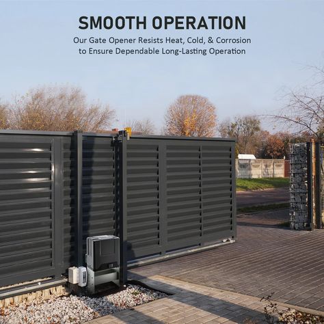 Gate Access, Reinvented! 🚀 The Slide Gate Opener transforms the way you enter your property. No more waiting or struggling with heavy gates. A press of the remote button is all it takes to open the door to convenience. #GateAccessRevolution #SlideGateOpener #SmartGateOpener #EasyGateAccess #NoMoreWaiting #AutomaticGateOpener #GateAccessRevolution Electric Gates Driveways, Side Yard Gate, House Front Gate, Electric Driveway Gates, Electric Sliding Gates, Automatic Gate Opener, Automatic Sliding Gate, Sliding Gate Opener, Long Driveway