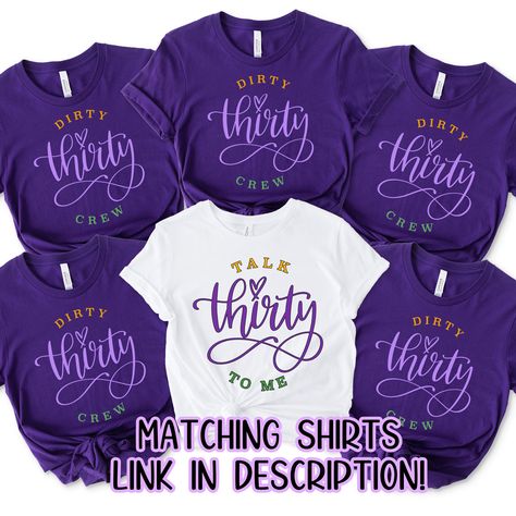 "Fun group shirts perfect for a Nola 30th birthday celebration, Mardi Gras Birthday shirts for your krewe! Talk thirty to me and crew shirts made with Mardi Gras inspired colors. This listing is for the TALK THIRTY TO ME shirt Listing for Dirty Thirty Crew shirts can be found here: https://www.etsy.com/listing/1402375687 Size of text and image will vary depending on the size of the shirt. If you would like something different or would like specific information, please feel free to message me! Te 30 Shirts Birthday, 30th Bday Shirts Women, Dirty 30 Birthday Shirts, 30th Birthday New Orleans, Dirty 30 Shirts Woman, 30th Birthday Group Shirts, New Orleans Birthday Trip Shirts, 30 Birthday Shirts For Women, Birthday Shirts Womens Group