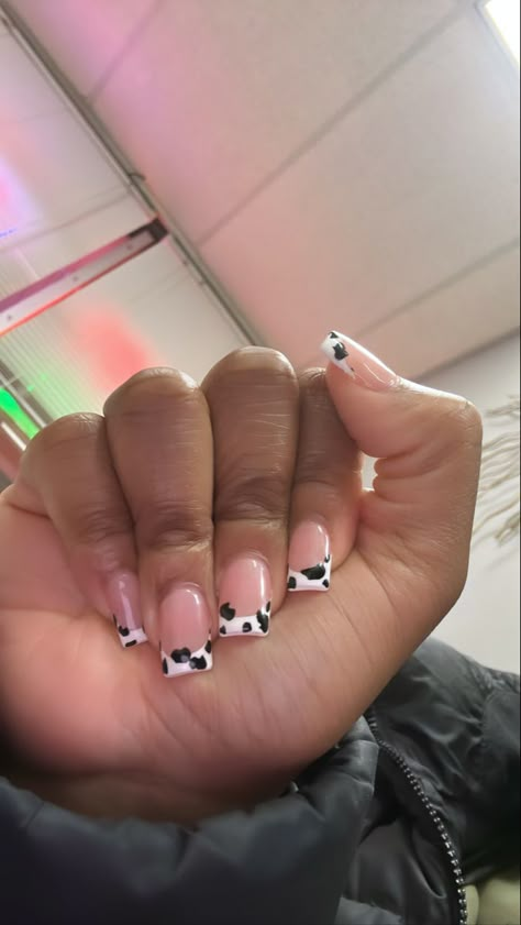 Cow French Tip Nails Pink, Paw Print French Tips, Cow Square Nails, Cute Nails For Birthday French Tip, Short Cow Nails Acrylic, Fun Frenchies Nails, Squat Nail Designs, Nails For Gymnastics, Cow French Tip Nails Short