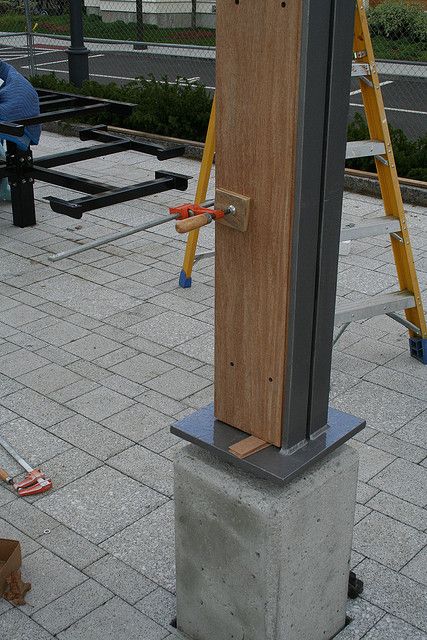 Concrete base @ wood and steel angle column by gap123, via Flickr Concrete Column Design, Metal Column, Wood Column, Base Ideas, Wooden Pillars, Metal Columns, Wood Columns, Concrete Column, Pergola Attached To House