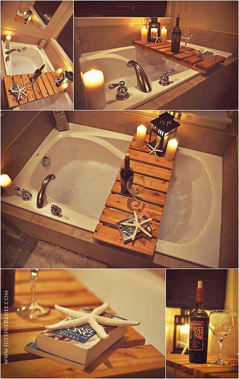 20+ Upcycling Pallet Ideas for Home Interiors ---Bathtub pallet shelf Casa In Pallet, Bathroom Rustic, Rustic Bath, Garden Pallet, Pallet House, Smart Tiles, Spa Style, Pallet Project, Recycled Pallets