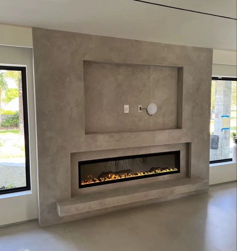 Concrete Fireplace Wall With Tv, Concrete Media Wall, Fireplace Venetian Plaster, Venetian Plaster Tv Wall, Concrete Plaster Wall, Venitian Plaster Fireplace, Venetian Plaster Media Wall, Tv Wall Concrete, Concrete Fireplace Wall