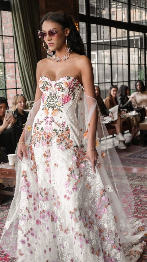 Wedding Dresses With Colour, Short Floral Wedding Dress, Ruedeseine Bridal, Mexican Inspired Wedding Dress, Mexican Style Wedding Dress, Coloured Wedding Dresses, Rue De Seine Wedding Dress, Unusual Wedding Dresses, Bloom Wedding