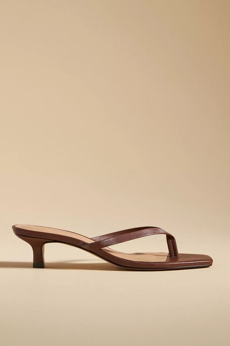 By Anthropologie Thong Kitten Heels | Anthropologie Brown Sandals Outfit, Fancy Flip Flops, Sporty Sandal, Simple Sandals, Comfy Sandals, Brown Fits, Sandals Outfit, Kitten Heel Sandals, Trending Sandals