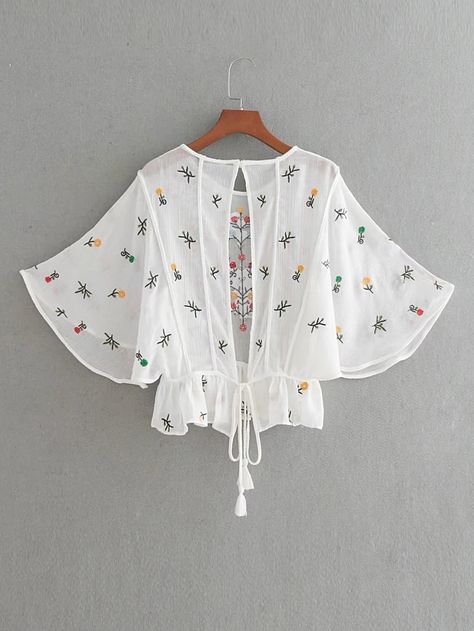 Flower Embroidery Open Back Tassel Tie Top -SheIn(Sheinside) Áo Blu, Fancy Tops, Baby Dress Patterns, Fashion Tops Blouse, Kids Designer Dresses, Trendy Blouses, Crop Top Outfits, Frock Design, Stylish Dress Designs