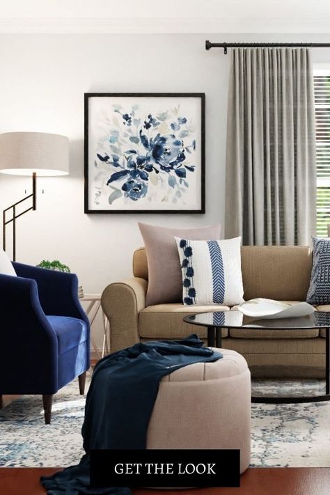 Navy Black Cream Living Room, Navy And Linen Living Room, Navy Grey And Tan Living Room, Navy Brown White Living Room, Navy Blue Gray And Beige Living Room, Family Room With Navy Sofa, Taupe And Blue Living Room Ideas, Blue Beige Living Room Decor, Blue Grey Beige Living Room