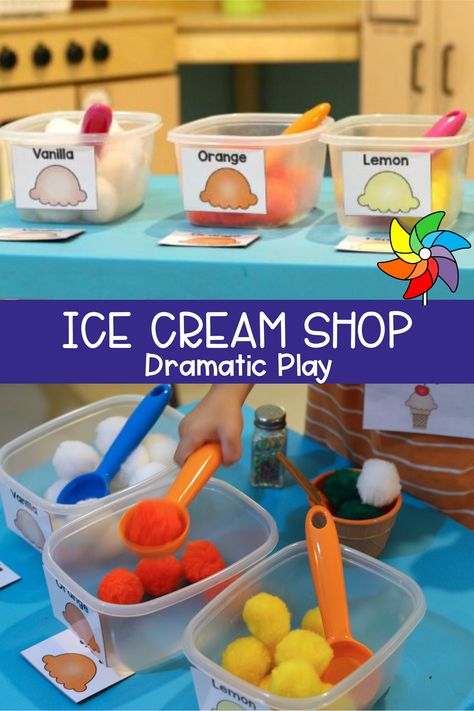 I’ve Cream Shop Dramatic Play, Role Play Ice Cream Shop, Ice Cream Curriculum Preschool, Should I Share My Ice Cream Activities Preschool, Preschool Ice Cream Shop, Ice Cream Parlour Dramatic Play, Bakery Center Preschool, Dramatic Play Provocations, Ice Cream Shop Role Play