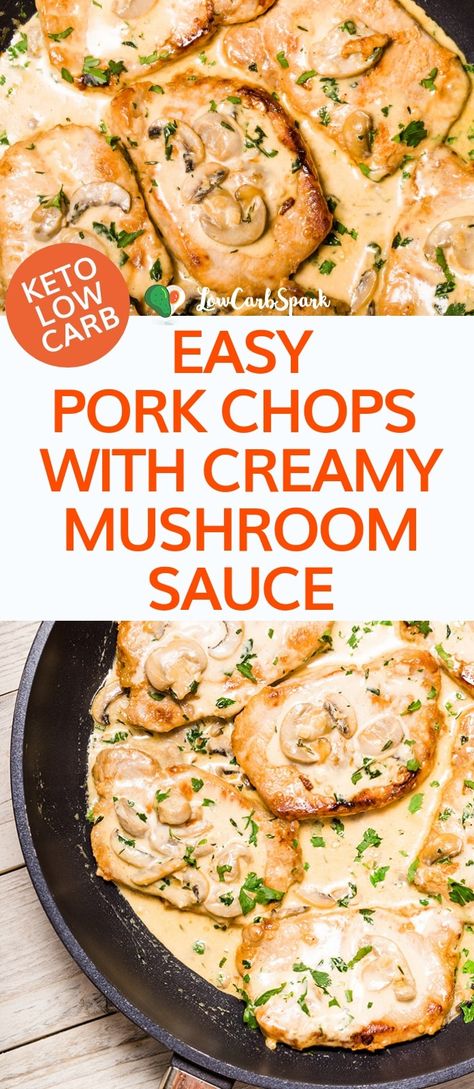 Keto Pork Chops with Super Creamy Mushroom Sauce Mushrooms Sauce, Keto Pork Chops, Keto Pork, Mushroom Pork Chops, Daging Babi, Low Carb Pork, Easy Pork Chops, Pork Chop Dinner, Super Easy Dinner