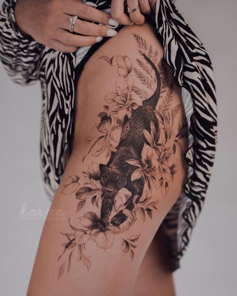 Mens Side Tattoos, Thigh Piece Tattoos, Black Panther Tattoo, Front Shoulder Tattoos, Jaguar Tattoo, Floral Thigh Tattoos, Leopard Tattoos, Panther Tattoo, Forarm Tattoos