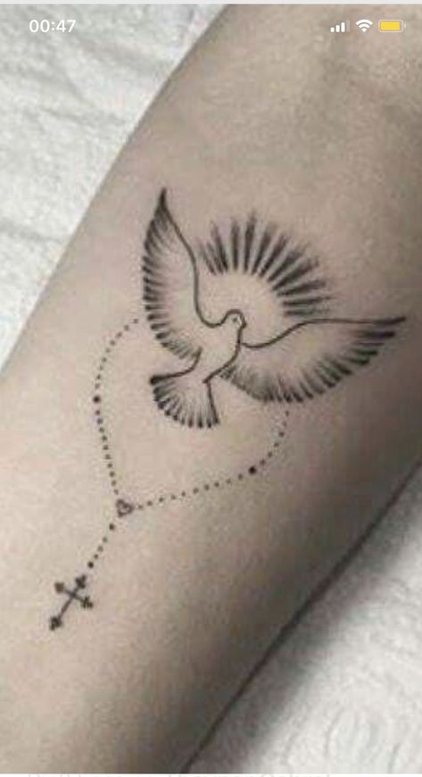 Totus Tuus Tattoo, Catholic Tattoos For Women, Small Bff Tattoos, Holy Spirit Tattoo, Tattoo Design For Hand, Heaven Tattoos, Family Tattoo Designs, Dove Tattoo, Cross Tattoos For Women