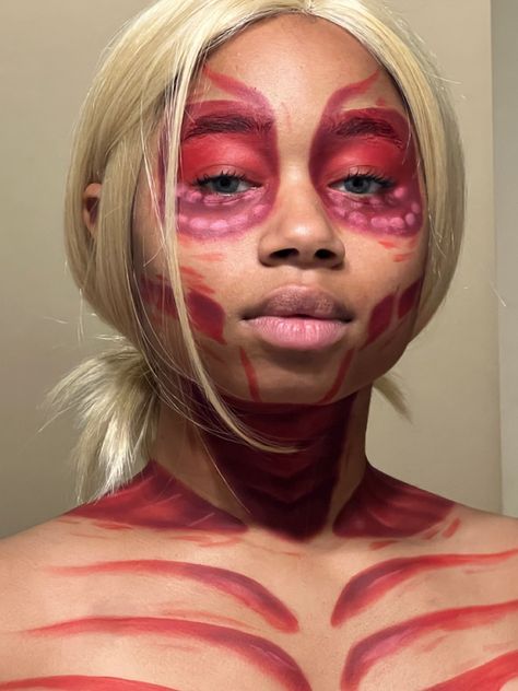 Attack on Titan makeup/cosplay👹 Female Titan Makeup, Female Titan Cosplay, Attack On Titan Halloween Costume, Attack On Titan Makeup, Annie Female Titan, Titan Makeup, Attack On Titan Costume, Halloween Ideias, Attack On Titan Cosplay