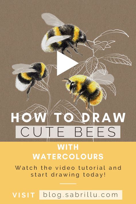 Watch my video about drawing bumble bees with watercolours and coloured pencils - How to draw a bee - drawing tutorial - drawing inspiration - watercolour drawings | by Sabrina Hassler Illustration How To Draw A Bumble Bee Step By Step, Watercolor Bumble Bee Tutorial, How To Paint A Bumble Bee, Bumblebees Drawing, Bumble Bee Drawings, How To Draw A Bumble Bee, Honey Bee Art Drawings, How To Paint A Bee, How To Draw A Bee