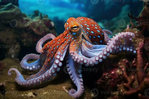 AI generated Octopus on the bottom of the sea. Close-up. Octopus In Coral Reef, Octopus Face, Octopus Photography, Octopus Photos, Octopus Vulgaris, Ocean Creatures Art, Octopus Pictures, Octopus Ocean, Sea Peoples