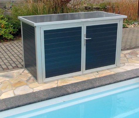 Cover For Pool Equipment, Hidden Pool Equipment, Pool Equipment Enclosure With Doors, Pool Equipment Cover Ideas, Hidden Pool Cover, Pool Machine Covers, Remodeling Room, Pool Sheds, Pool Equipment Cover