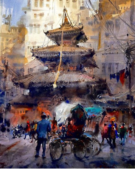 Bhaktapur Durbar Square, Durbar Square, City Sketch, Watercolour Landscape, Detailed Paintings, Square Painting, Kathmandu Nepal, Watercolor Landscape Paintings, Color Painting