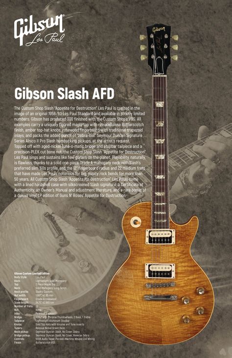 Slash has been a devoted Les Paul player ever since, throughout his years with Guns N’ Roses and later with Slash’s Snakepit and Velvet Revolver. He has taken a number of Gibson Signature models on the road, and owned and recorded with near-priceless vintage late ’50s ’Bursts. To honor his achievements on the instrument, Gibson’s Custom Shop introduces the Slash “Appetite for Destruction” Les Paul, a guitar made in the image of the axe that launched a thousand riffs. Slash Guitarist, Gibson Les Paul Slash, Slash Les Paul, Vintage Les Paul, Guitar Drawing, Velvet Revolver, Famous Guitars, Epiphone Guitars, Guitar Posters