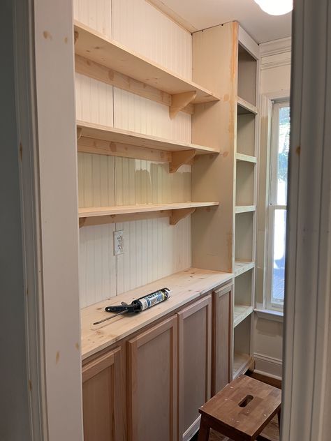 Small Hallway Butlers Pantry, Small Butlers Pantry With Window, Closet To Butlers Pantry, Ikea Pantry Makeover, Butlers Pantry Hallway, Butlers Pantry Laundry Room Combo Small, Open Kitchen Island Ideas, Pantry Plans Layout, Closet In Basement